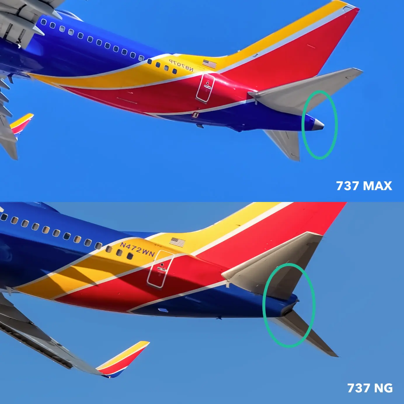 Difference between Boeing 737 MAX and 737 NG tail cone